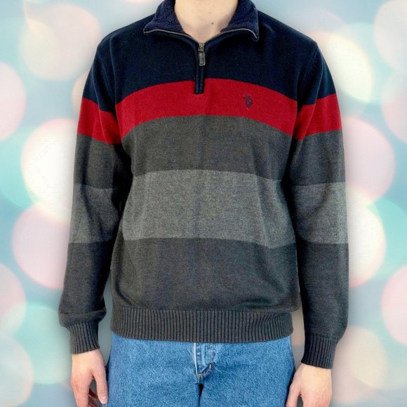 U.S. Polo Assn. Striped Quarter Zip Knit Size L - Picture 1 of 4